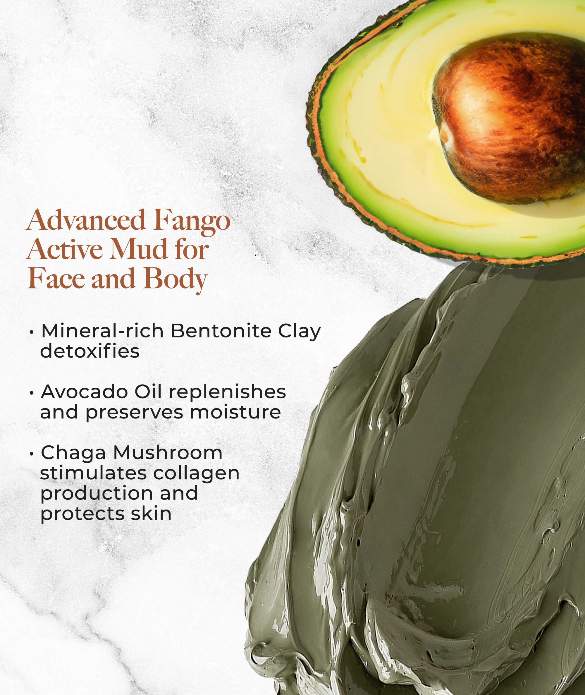  Advanced Fango Active Mud Mask ingredient benefits. Mineral-rich Bentonite Clay detoxifies. Avocado oil replenishes and preserves moisture. Chaga Mushroom stimulates collagen production & protects skin