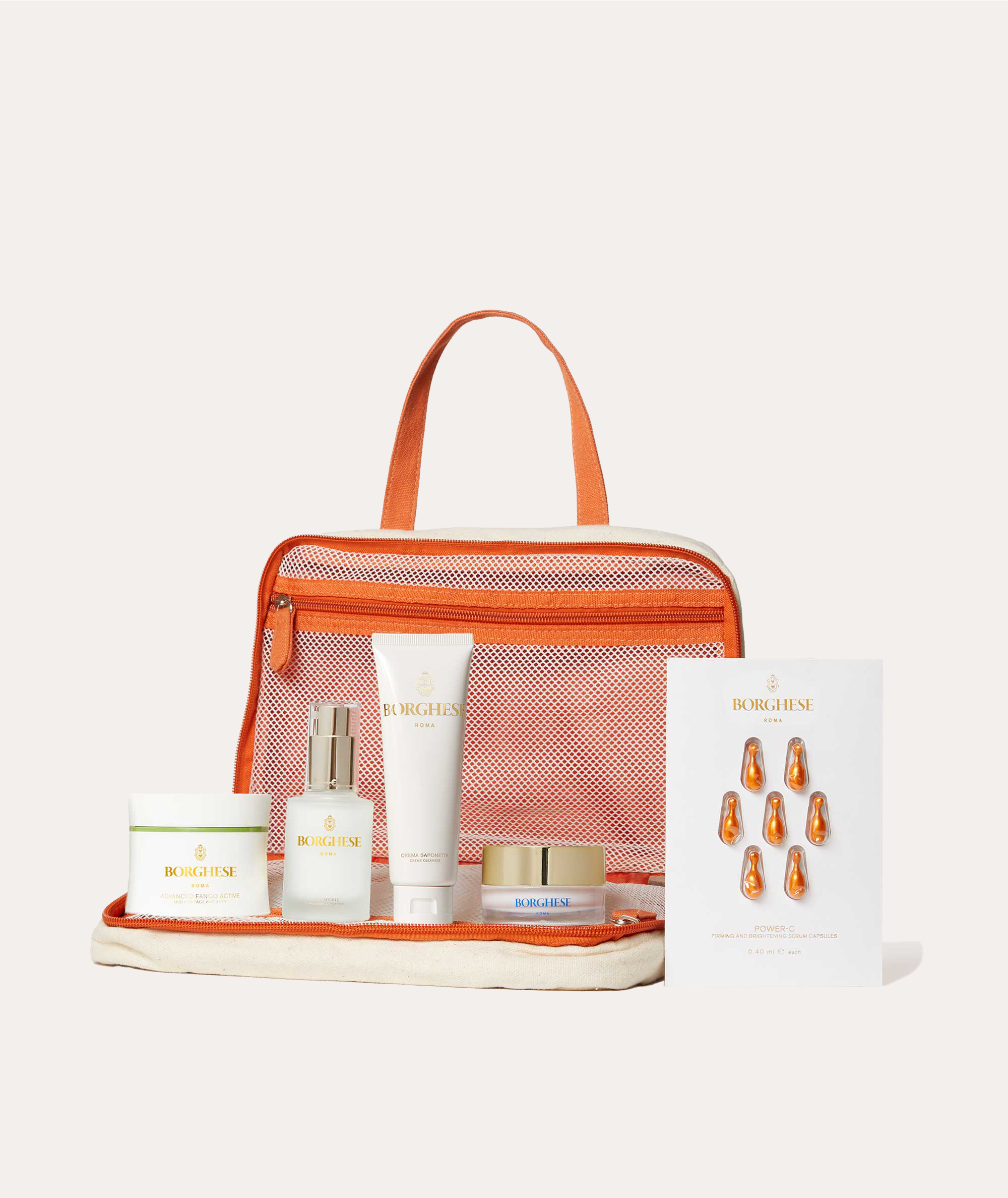 Travel set with 5skincare prodcuts and a vintage travel bag with zipper opened, showing inside of the bag and two pockets