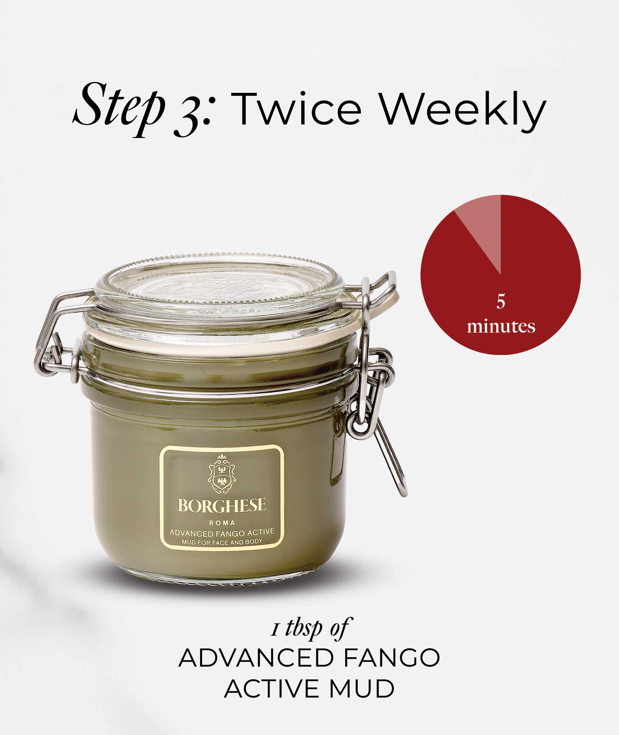 Step 3 twice weekly use apply Advanced Fango Active Mud Mask for 5 minutes then rinse off