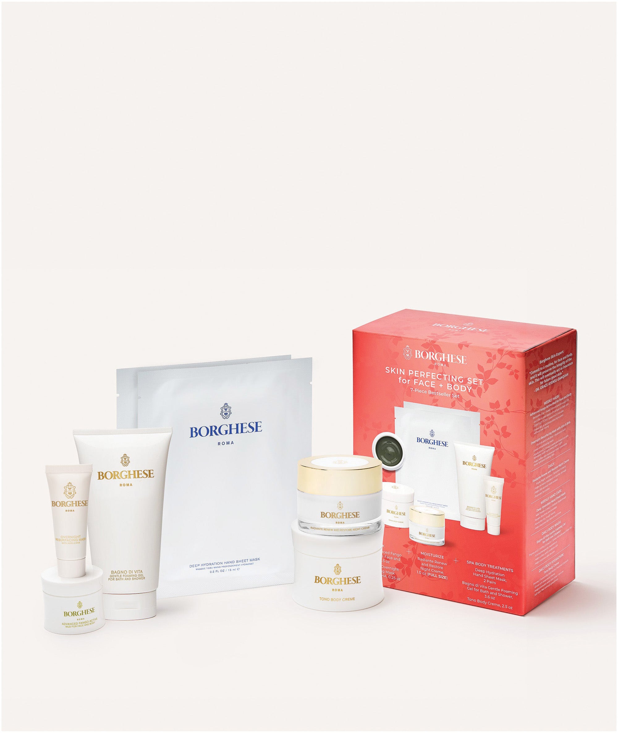 Skin Perfecting Gift Set with box including two masks, foaming body gel, body creme, night face creme, and hand masks