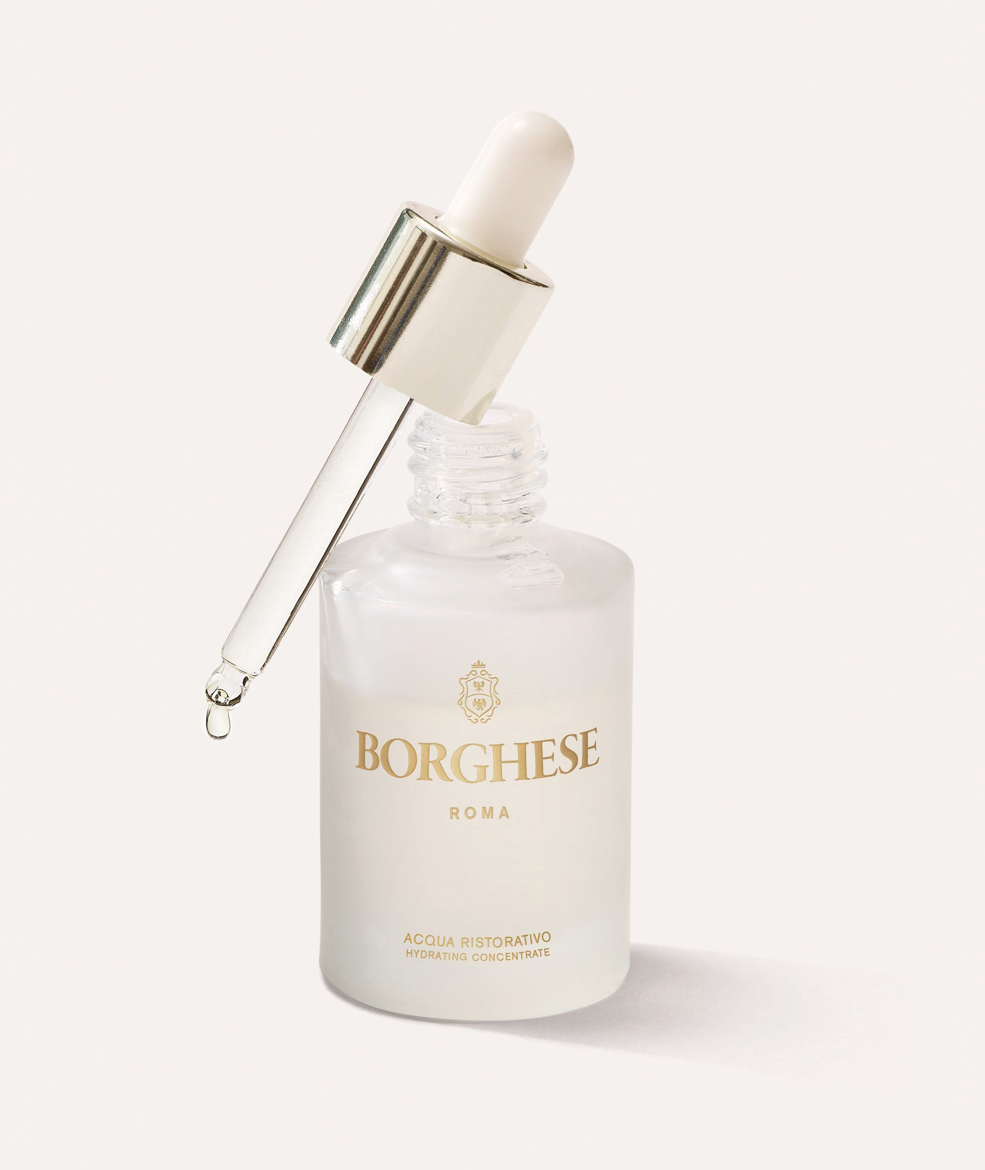 Product shot Acqua Ristorativo Hydrating Concentrate with dropper applicator for restoring tone, texture, and elasticity