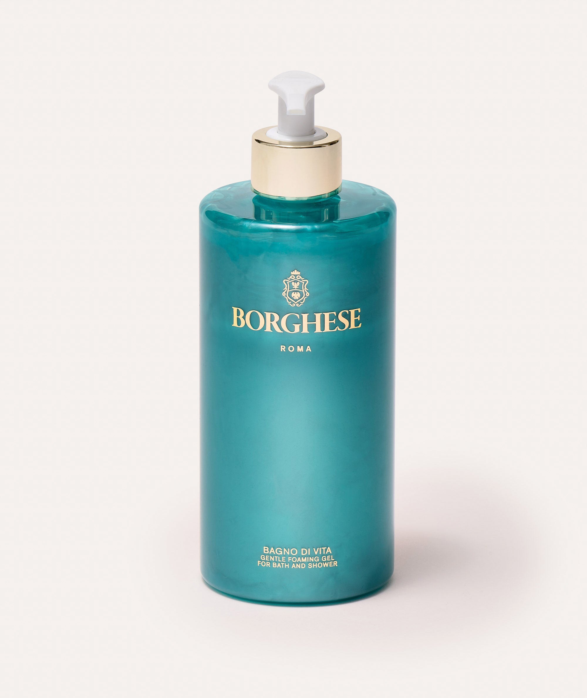 Product image of clear bottle with pump of Bagno di Vita Foaming Shower Gel showing bright swirly teal color