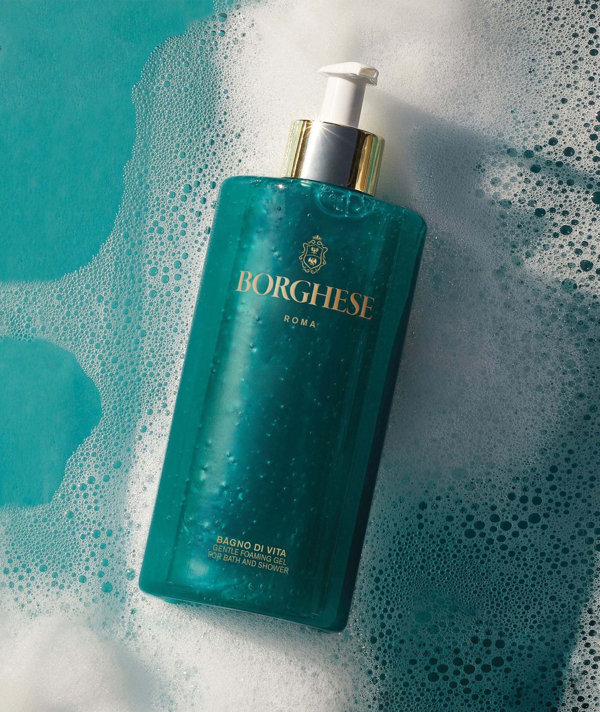 Product image of Bagno di Vita Shower Gel on a deep teal foaming water background