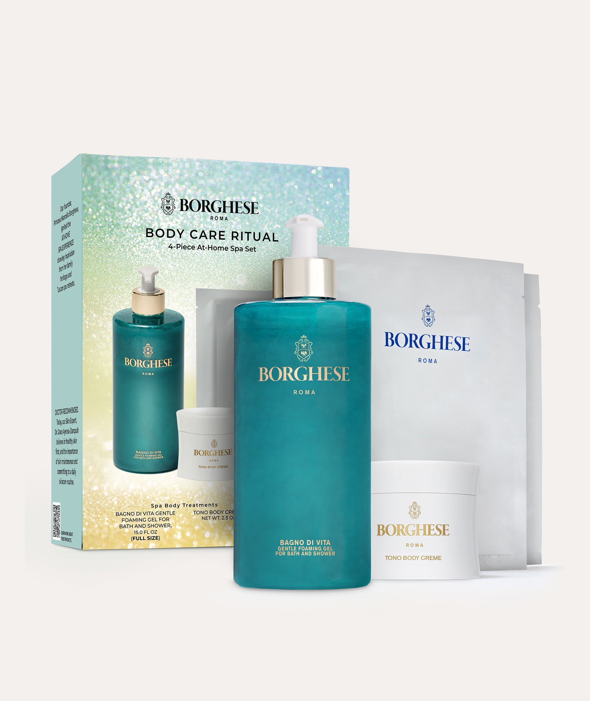 Body Care Ritual Set with box including the Bagno di Vita Foaming Shower Gel, Tono Body Creme, and Deep Hydration Hand Masks