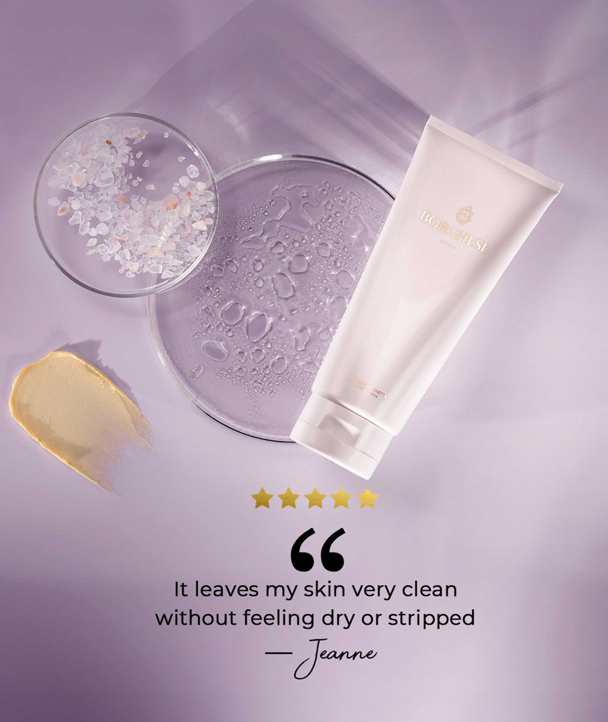 Customer review for Crema Saponetta Creme Cleanser stating it leaves skin feeling clean without feeling dry or stripped