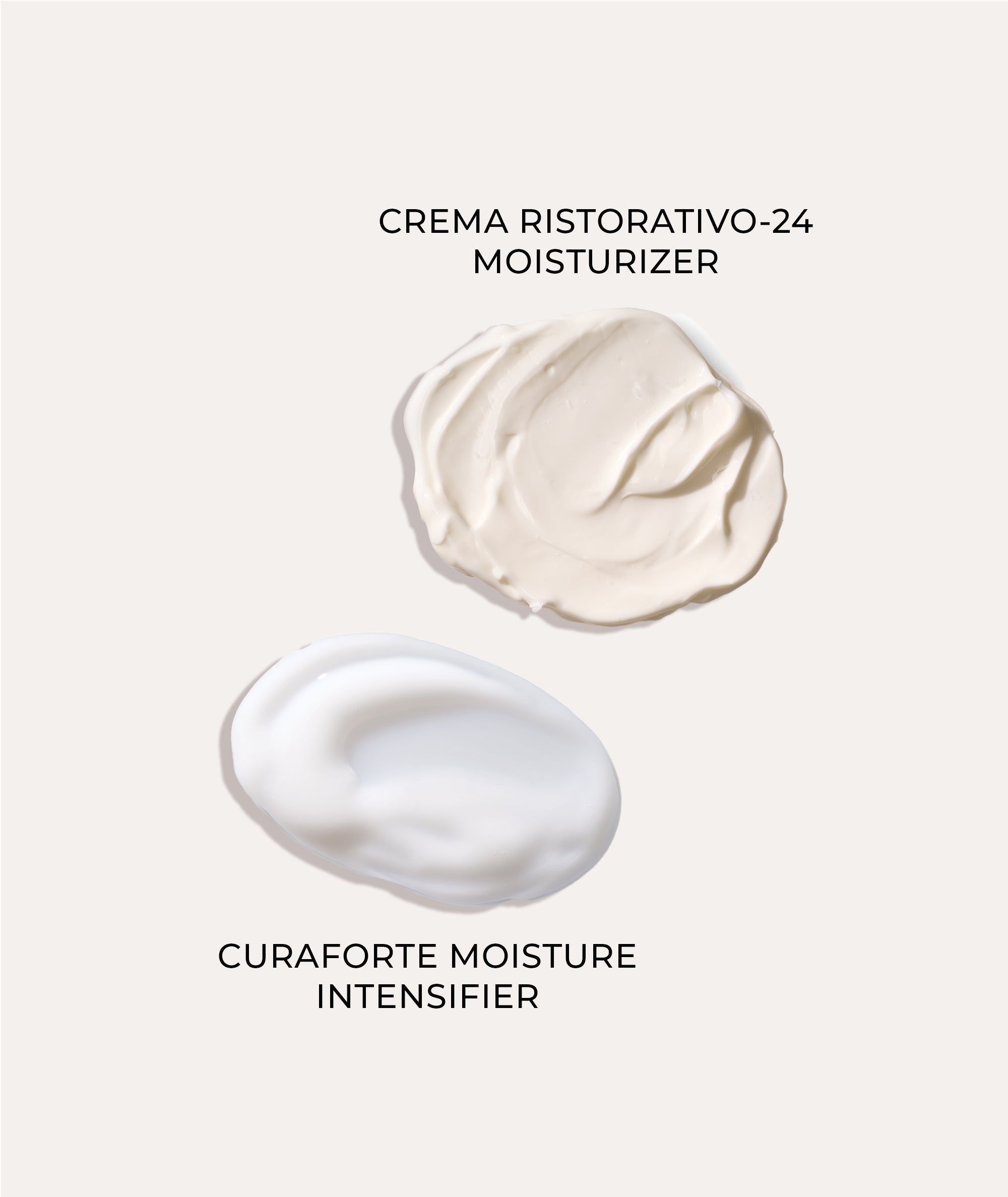 Product swatch showing the smooth textures of our Curaforte Moisture Intensifier and Crema Ristorativo-24 Moisturizer