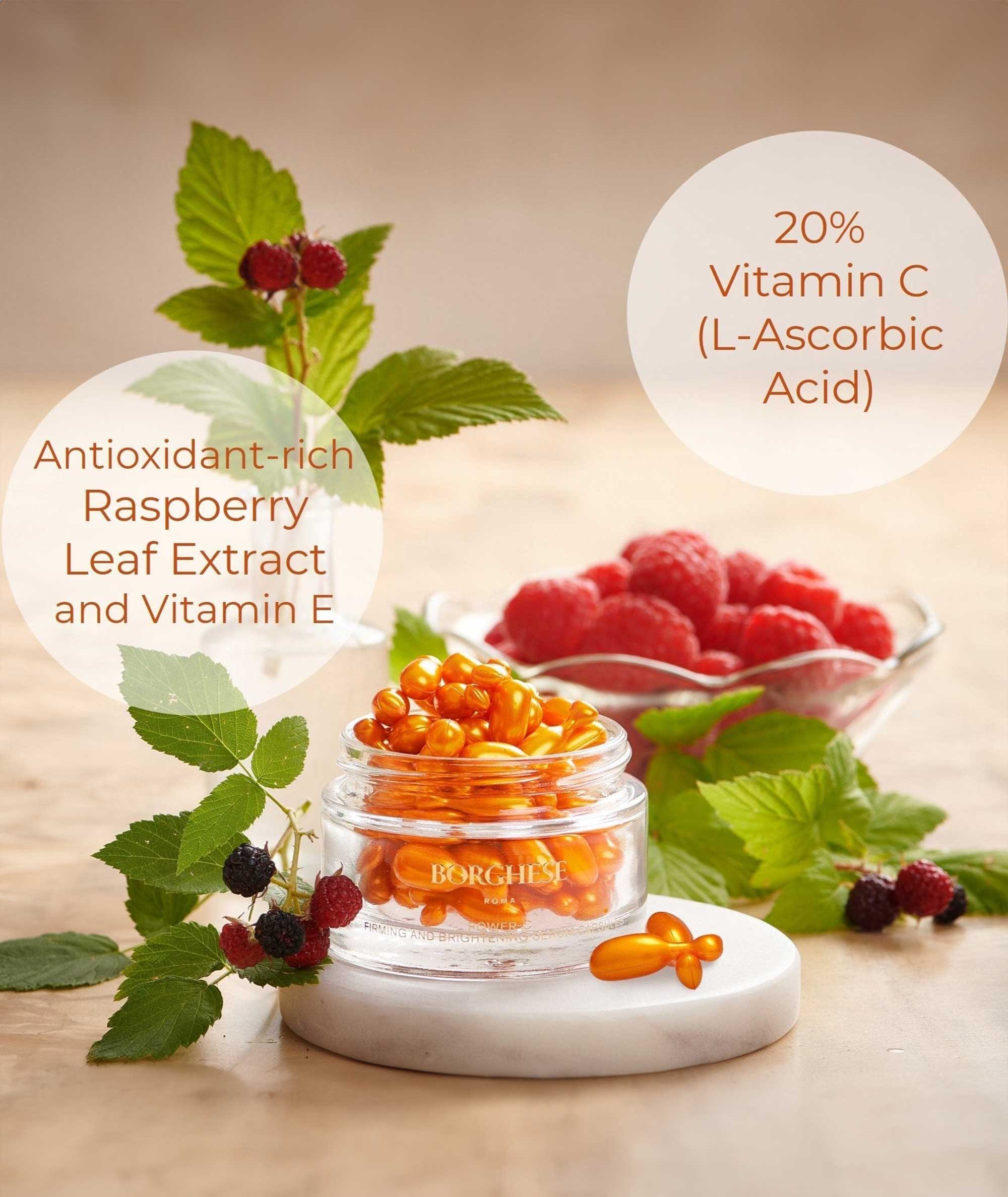 Ingredients of Power-C: Antioxidant-rich Raspberry leaf extract and vitamin E with 20% Vitamin C, or L-Absorbic Acid