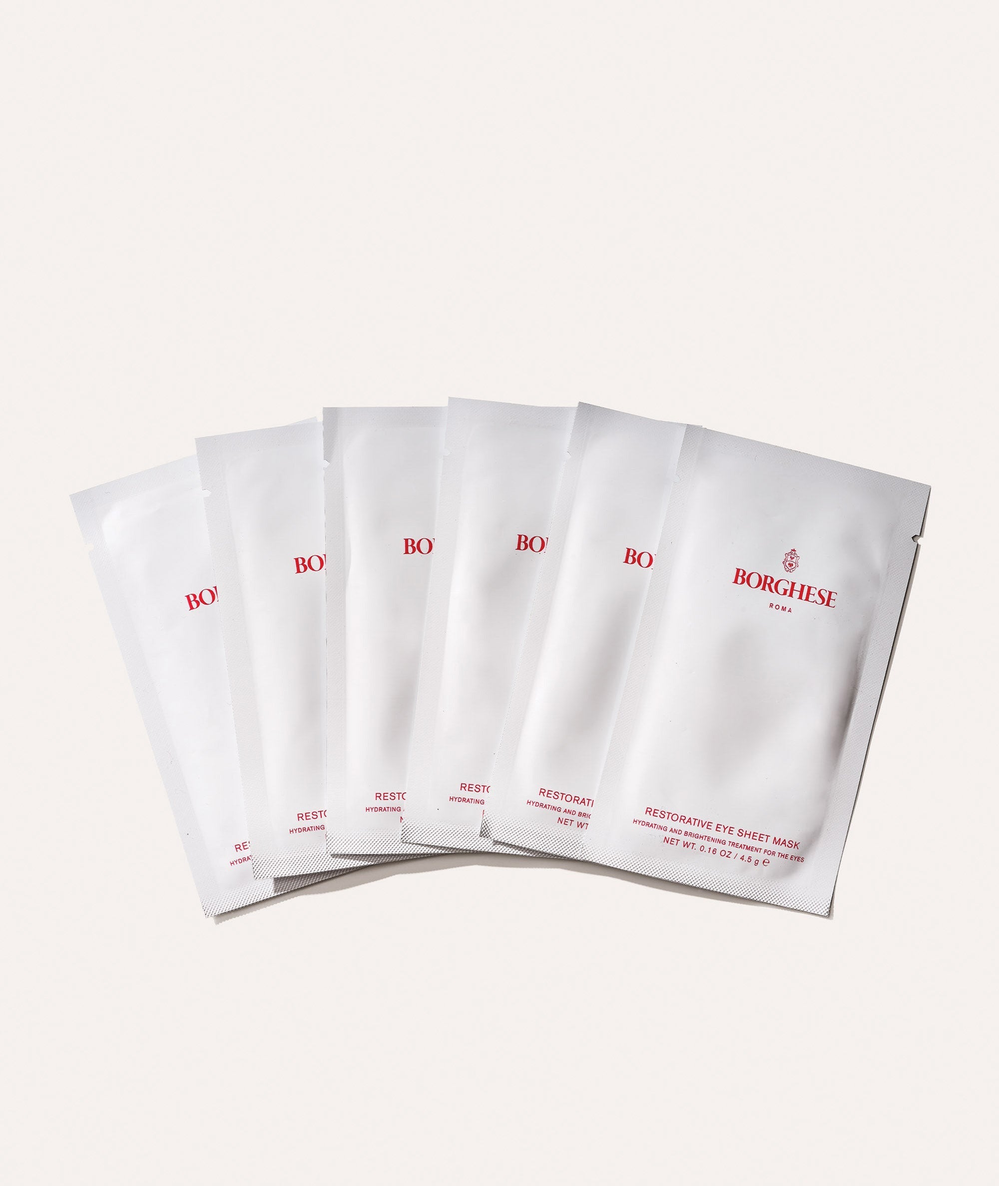 Flat lay of eye sheet mask box, each comes with 6 pairs for 3 uses