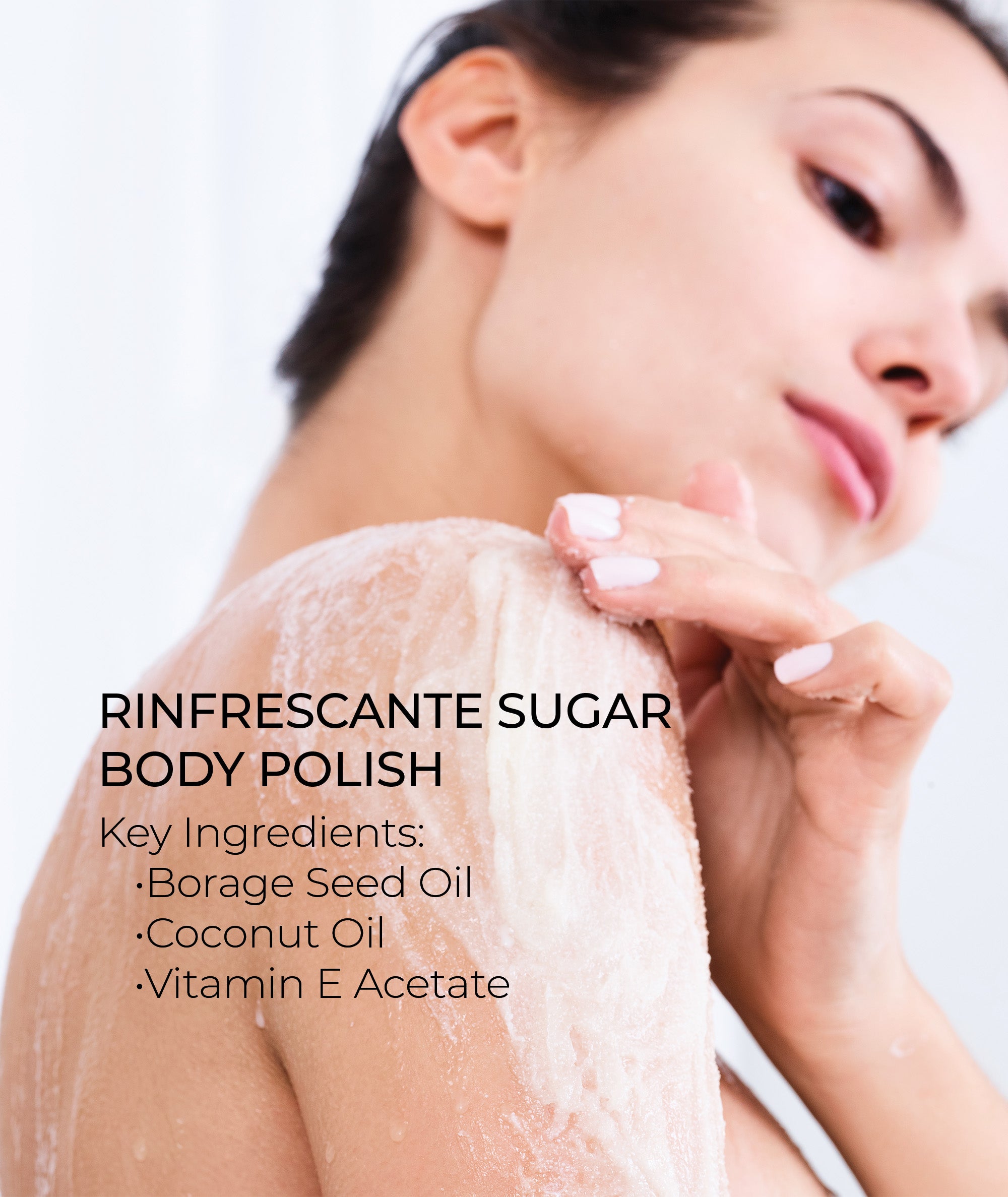 Infograpahic with model & ingredients:  Borage Seed Oil, Coconut Oil, Vitamin E Acetate