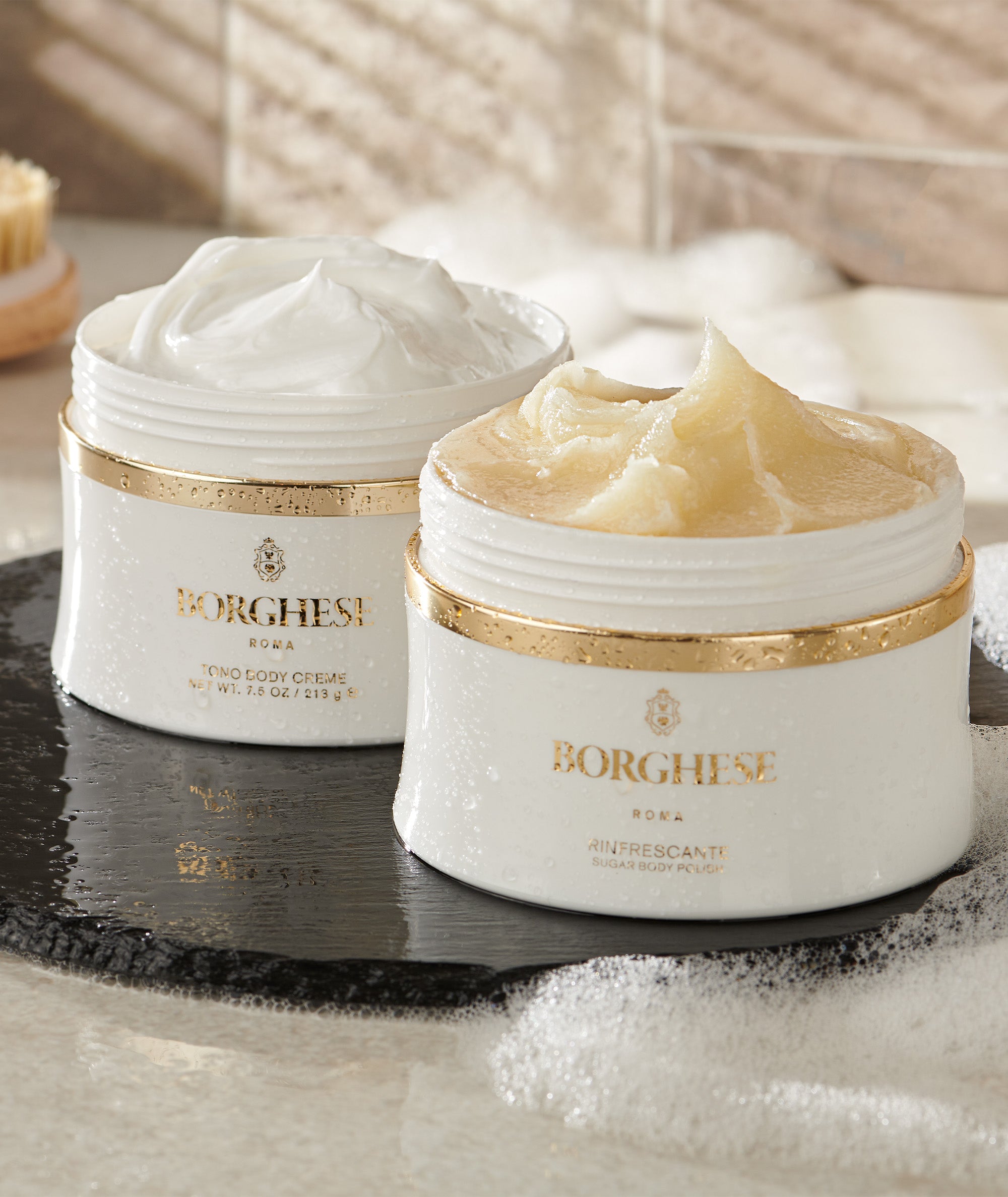 Product image featuring Rinfrescante Sugar Body Polish and Tono Body Creme - our ultimate shower duo