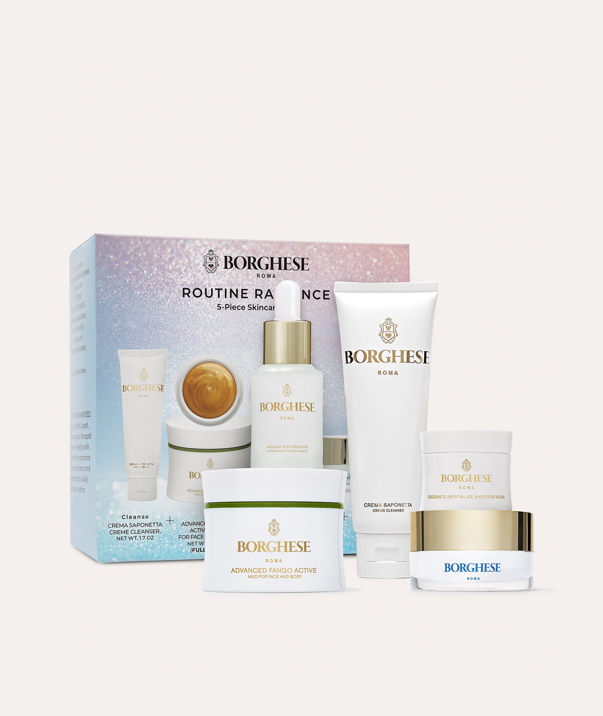 Routine Radiance Set with box including our Creme cleanser, two face masks, a hydrating concentrate and a moisturizer