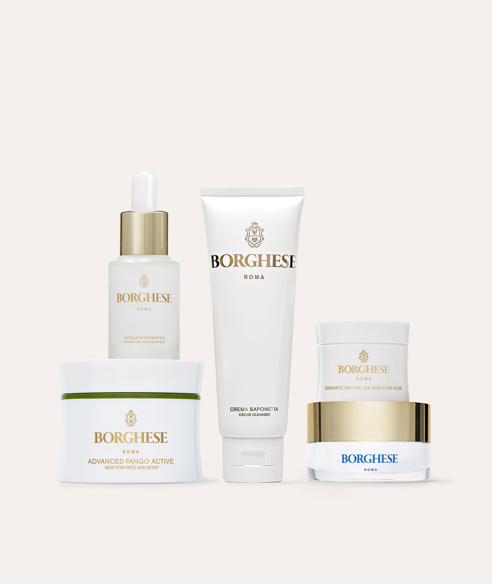 Box set with Acqua Ristorativo, Fango Active Mask, Crema Saponetta Cleanser, Radiante Mask, Crema Restorativo Moisturizer